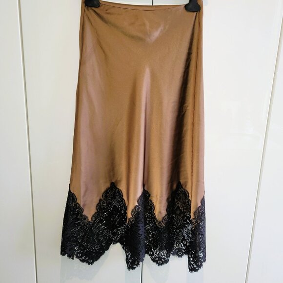 ZARA Lace Trim Satin Midi Skirt - Caramel Brown Size XS - Picture 3 of 10